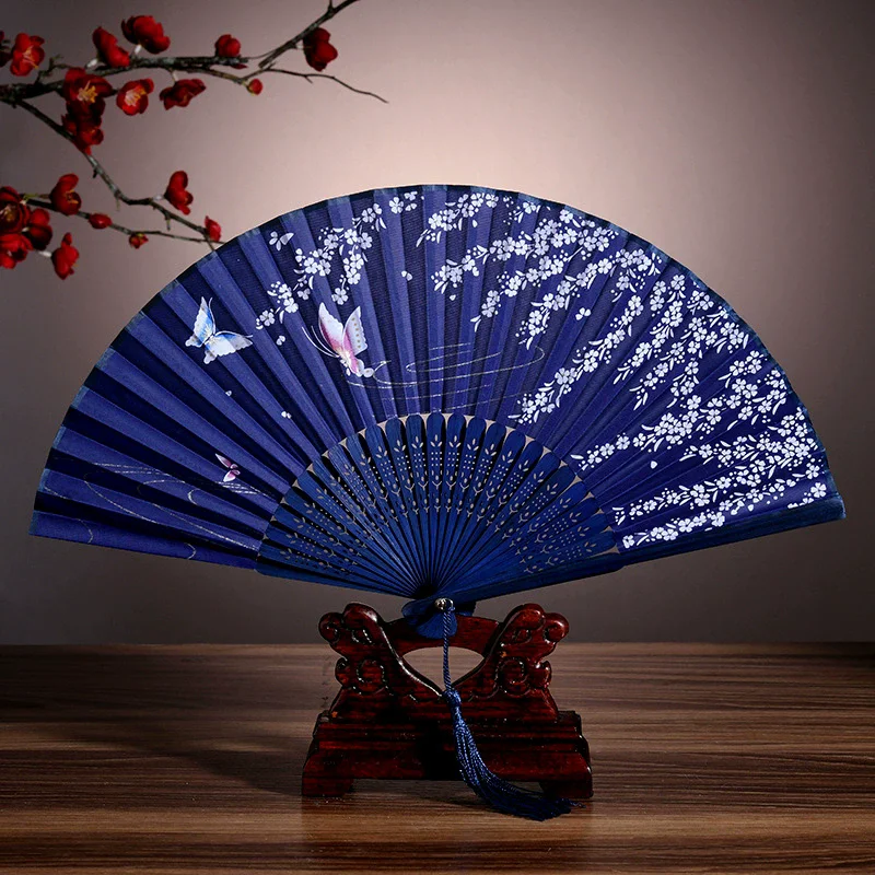 Blue Folding Hand Fan Chinese Fan Vintage Bamboo Bone Tassel Foldable Women Dancing Fans Decoration Party Gift Wall Fans Decor