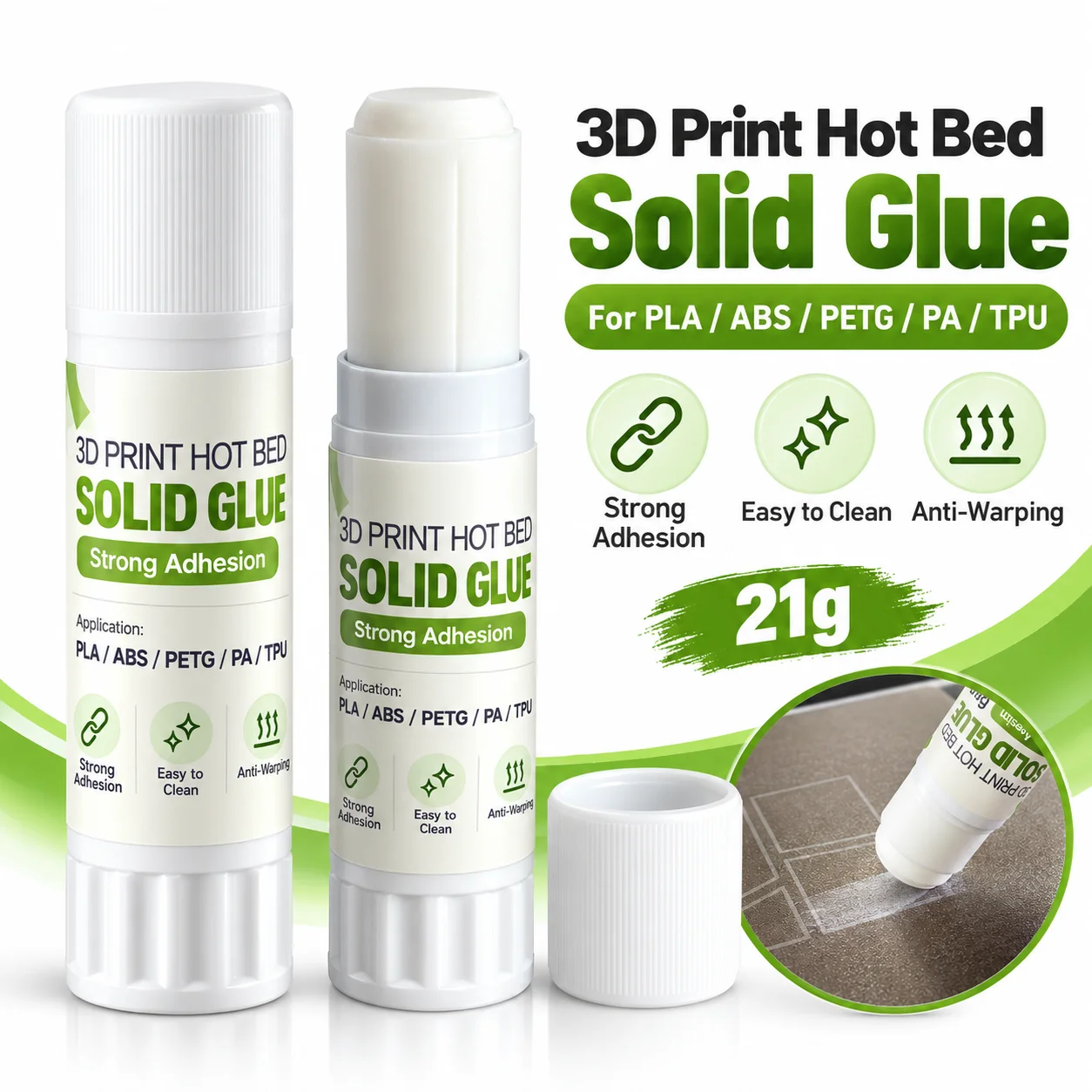 3D Printer Glue Stick Perfect First Layer Adhesion, Prevents Warping on Heat Bed for ABS PLA PETG Filaments Various Build Plate