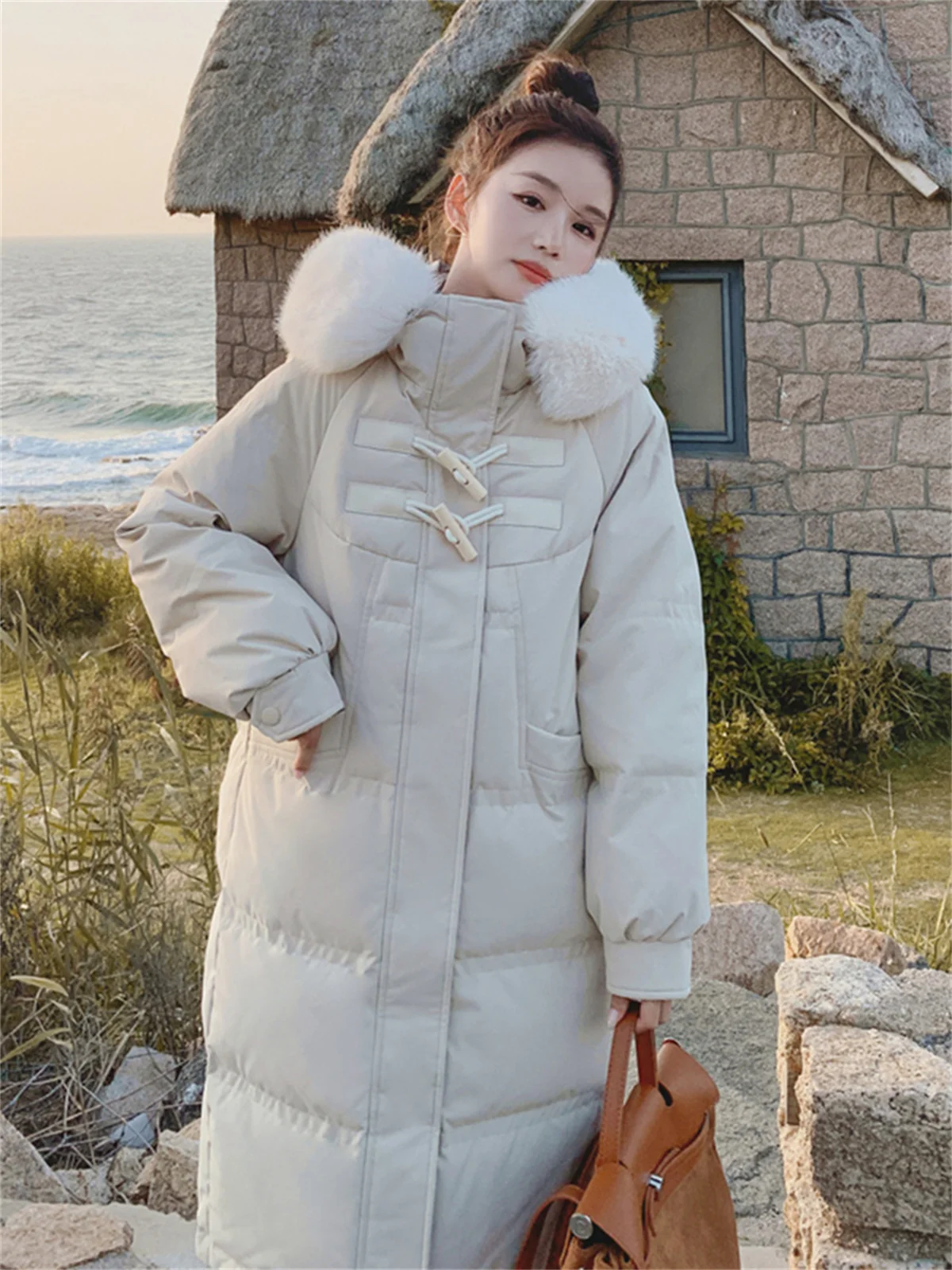 Down Cotton Jacket for Women, Medium Length, Over Knee, Korean Version, Large Fur Collar, Rice Apricot, Winter