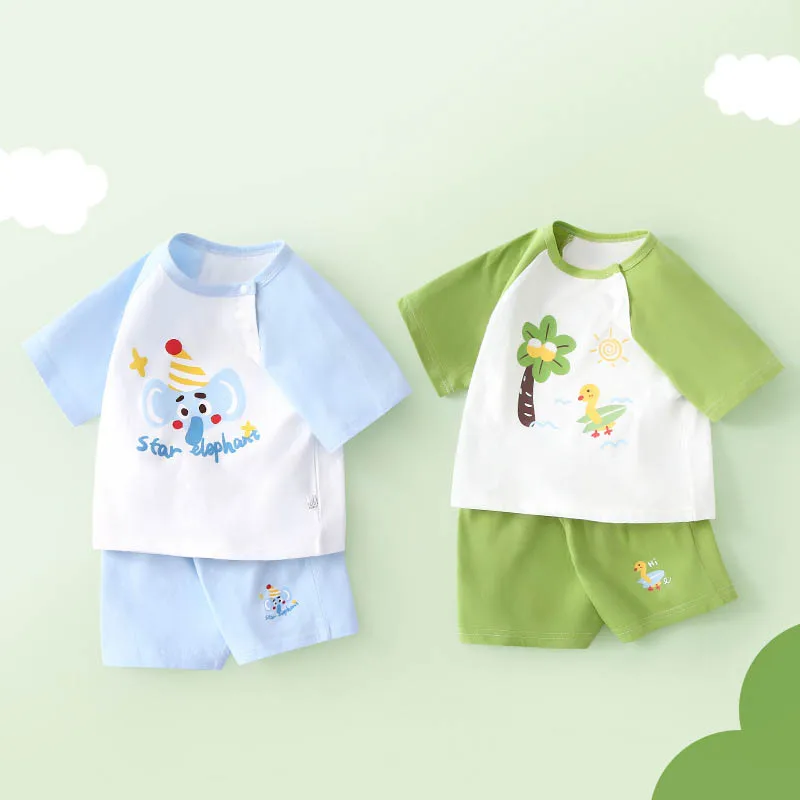 

Children Boys Summer Outfit New Thin Musling Kid Boys Cartoon Top+shorts 2PCS Clothes Set Loose Soft Raglan Spliceshort Sleeves