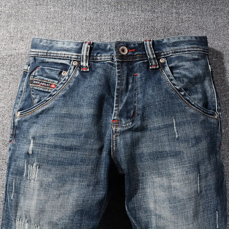 Fashion Vintage Men Jeans High Quality Retro  Blue Stretch Slim Fit Ripped Jeans Men Casual Designer Denim Pants Hombre