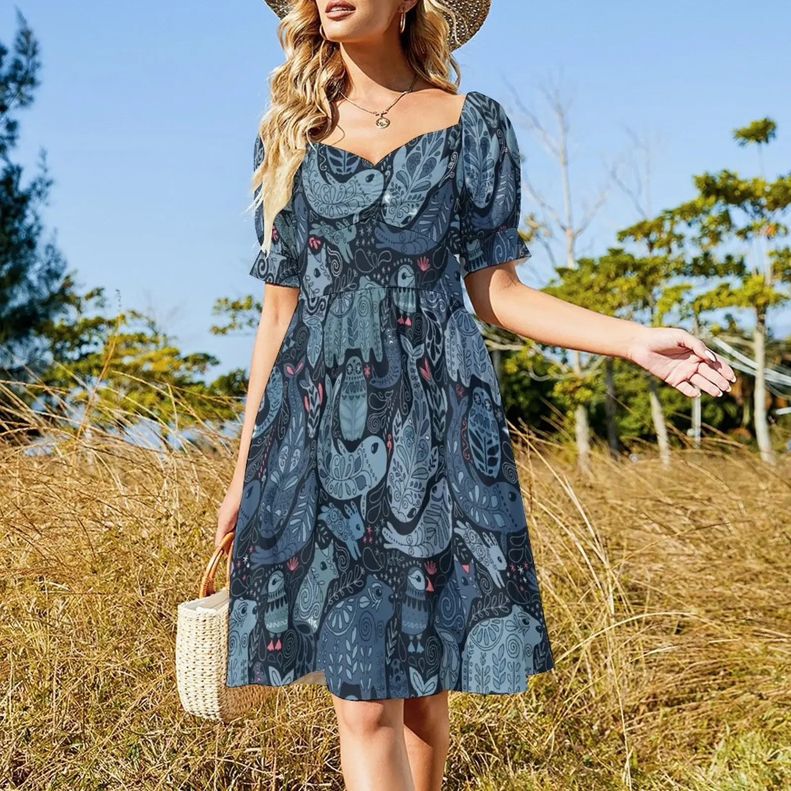 Arctic animals. Narwhal, polar bear, whale, puffin, owl, fox, bunny, seal. Sleeveless Dress luxury dress Women's dress