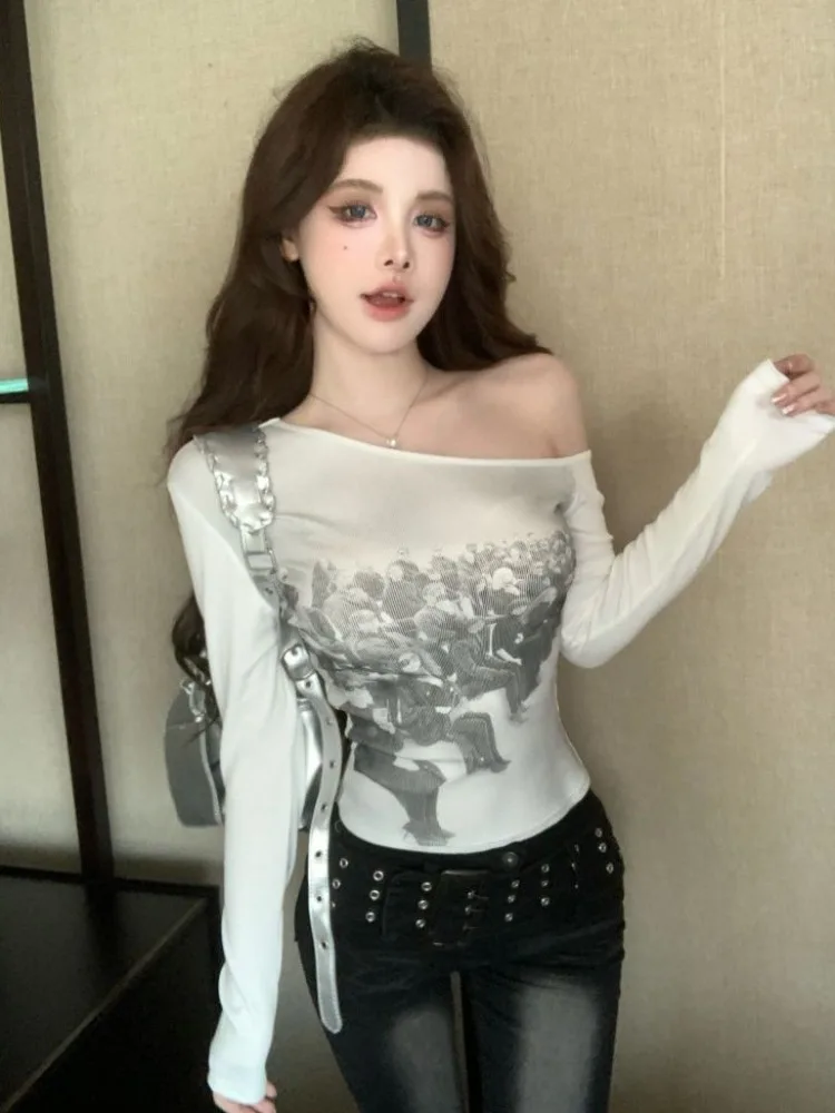 

Sexy American Street Style Hot Girl One Shoulder Long Sleeve Thin Base Shirt Early Autumn Irregular Design Women's Fashion
