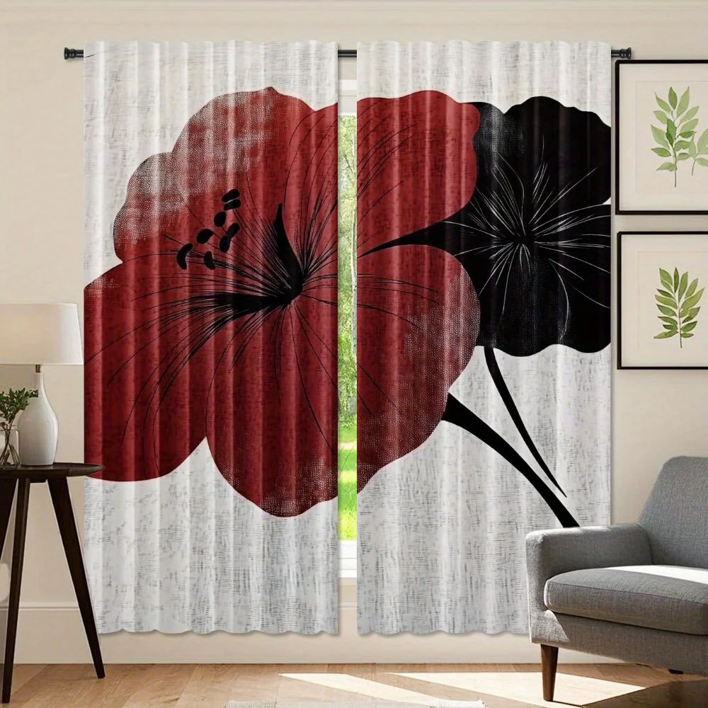 2pcs, Elegant Black and Red Flowers Print Curtains Light Filtering Rod Pocket Design for Bedroom Living Room Office Decor Artist