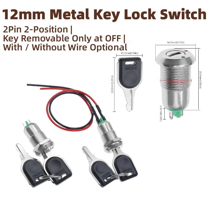 `12mm Key Lock Power Switch 2Pin 2‑Position Metal Key Switch Key Removable At OFF With / Without Wire For Electronic Lock`