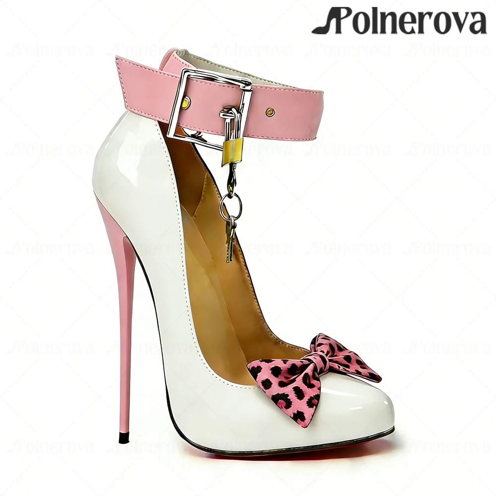

Pink Leopard Bow High Heels 16cm Lacquered Heel Pumps Belt Buckle High Heels Sexy Style Metallic Lock Stilettos for Women Custom