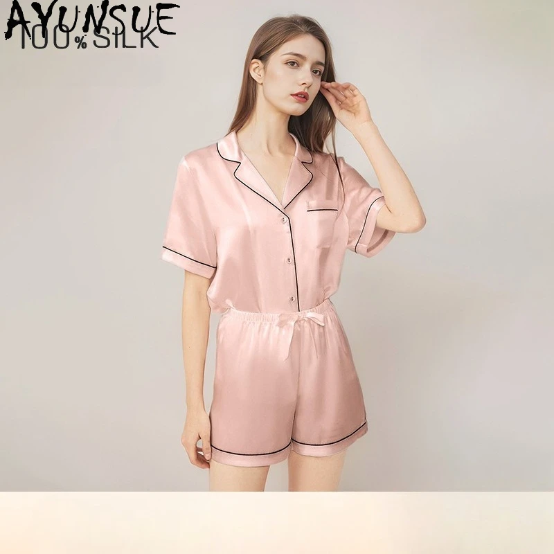 

AYUNSUE 100% Mulberry Silk Pijamas Women 16MM Silk Night Wear Female 2026 Summer Newarrive Short Sleepwear Set Пижама Женская