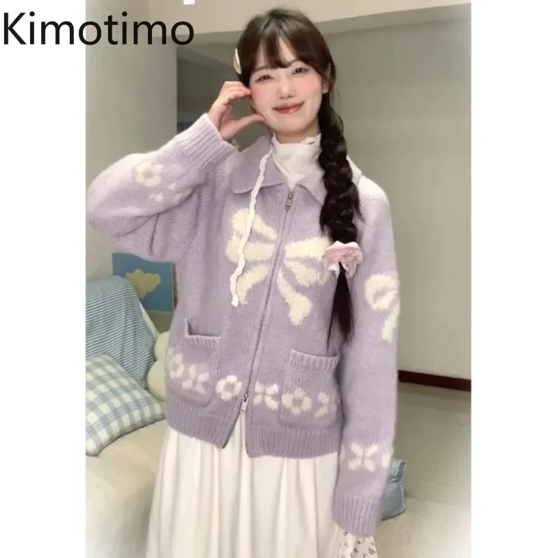 Kimotimo Cropped Cardigan Women Japanese Printed Double Zippers Lapel Sweater Coat Autumn Winter Sweet Lazy Pocket Knitted Top