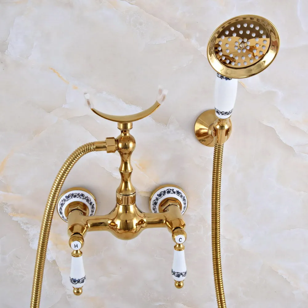 

Modern Polished Gold Color Brass Wall Mount Bathtub Faucet with Handheld Shower Set +1.5M Hose Mixer Tap 2na928