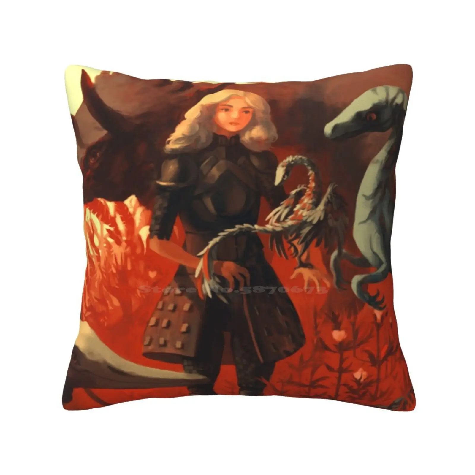 Dinosaur Knight Throw Cushion Pillow Cover Dinosaurs Knight Girl Woman Triceratop Archeopteryx Pterosaur Velociraptor Feather