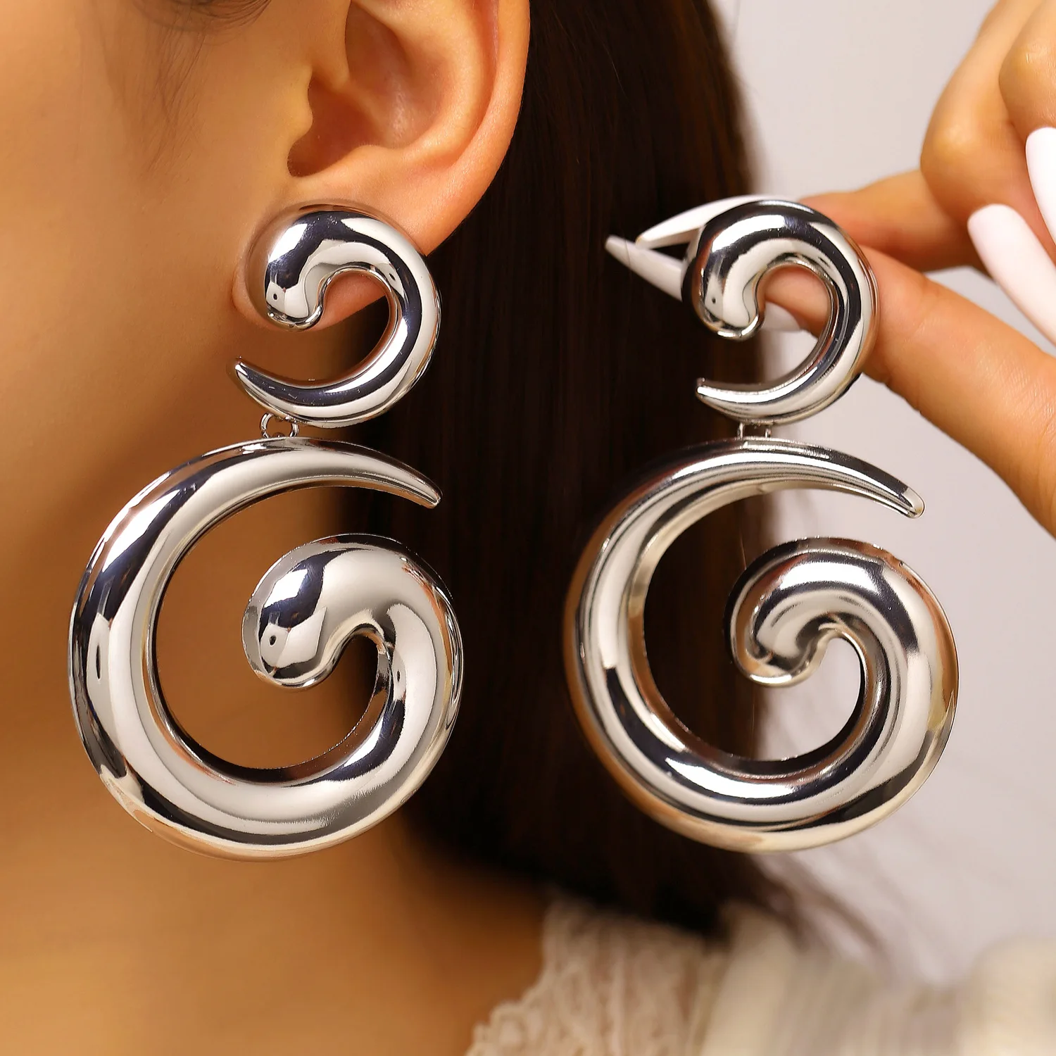 Exaggerated Double Spiral Drop Earrings for Women Smooth Metal Chunky Swirl Dangle Earring Trend Party Wedding Statement Jewelry