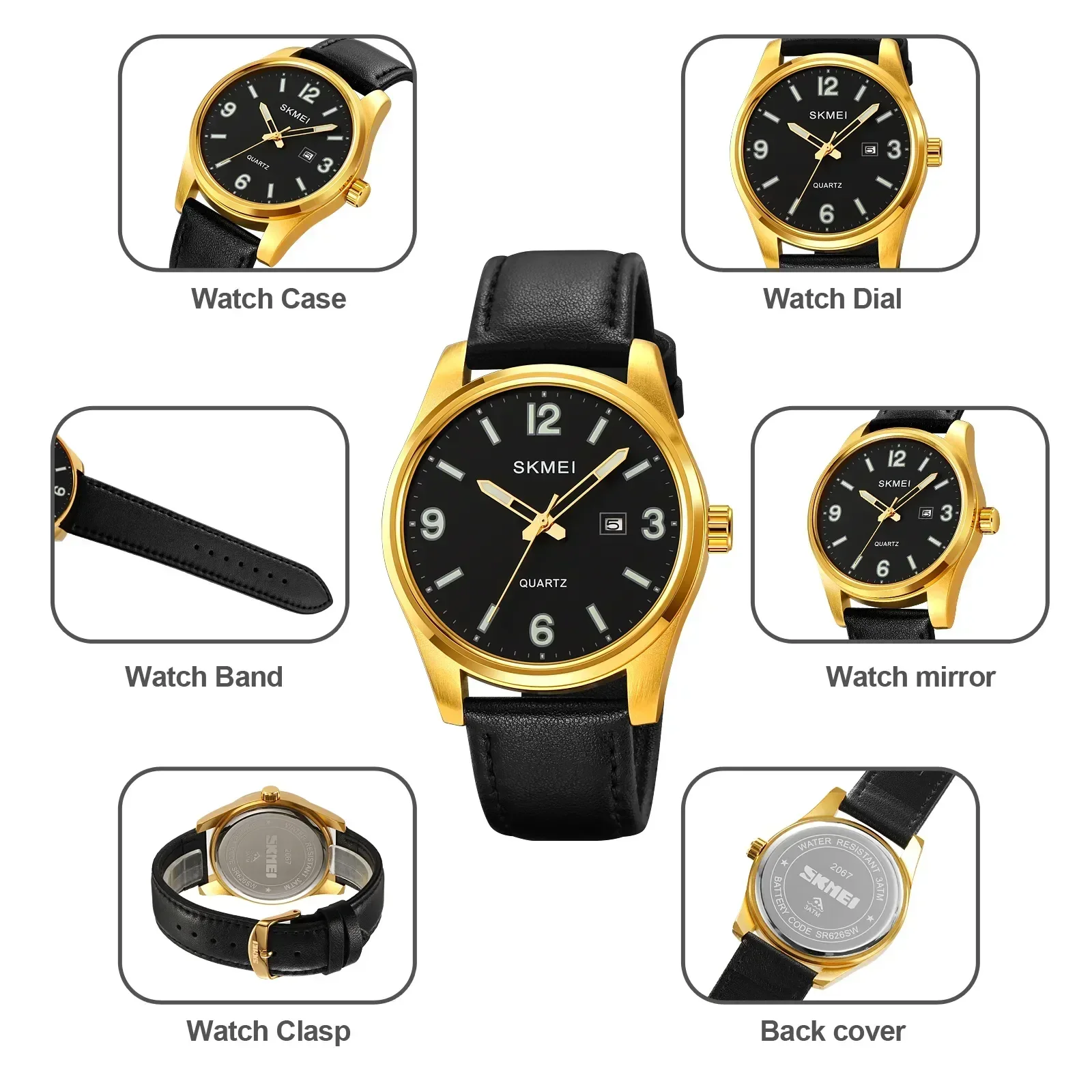 SKMEI 2067 Mens Casual Date 3Bar Waterproof Business Wristwatch reloj hombre Clock Simple Genuine Leather Strap Quartz Watches