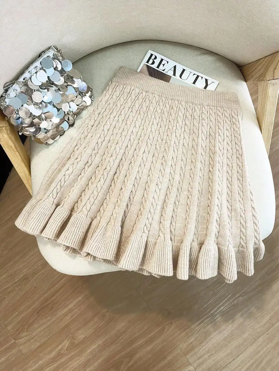 

Женская бежевая плиссированная юбка крупной вязки с оборками по низу, повседневная, свободного кроя