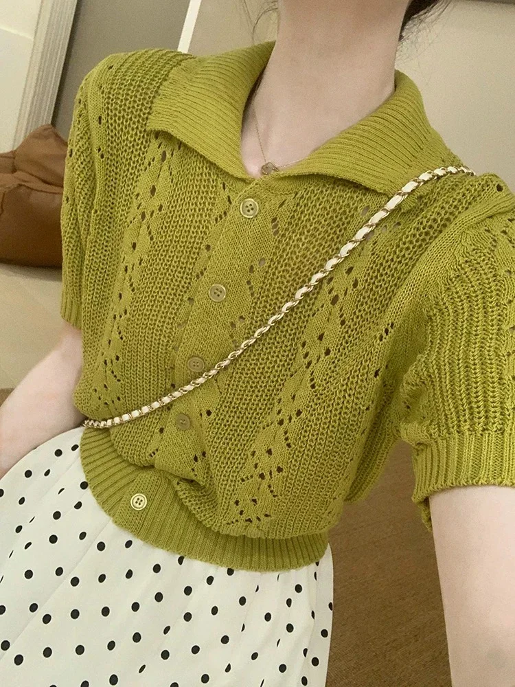 

French Lapel Hollow Blue Front Shoulder Knitted Cardigan Short-sleeved Women's Summer Loose and Thin Short Polo Shirt Top