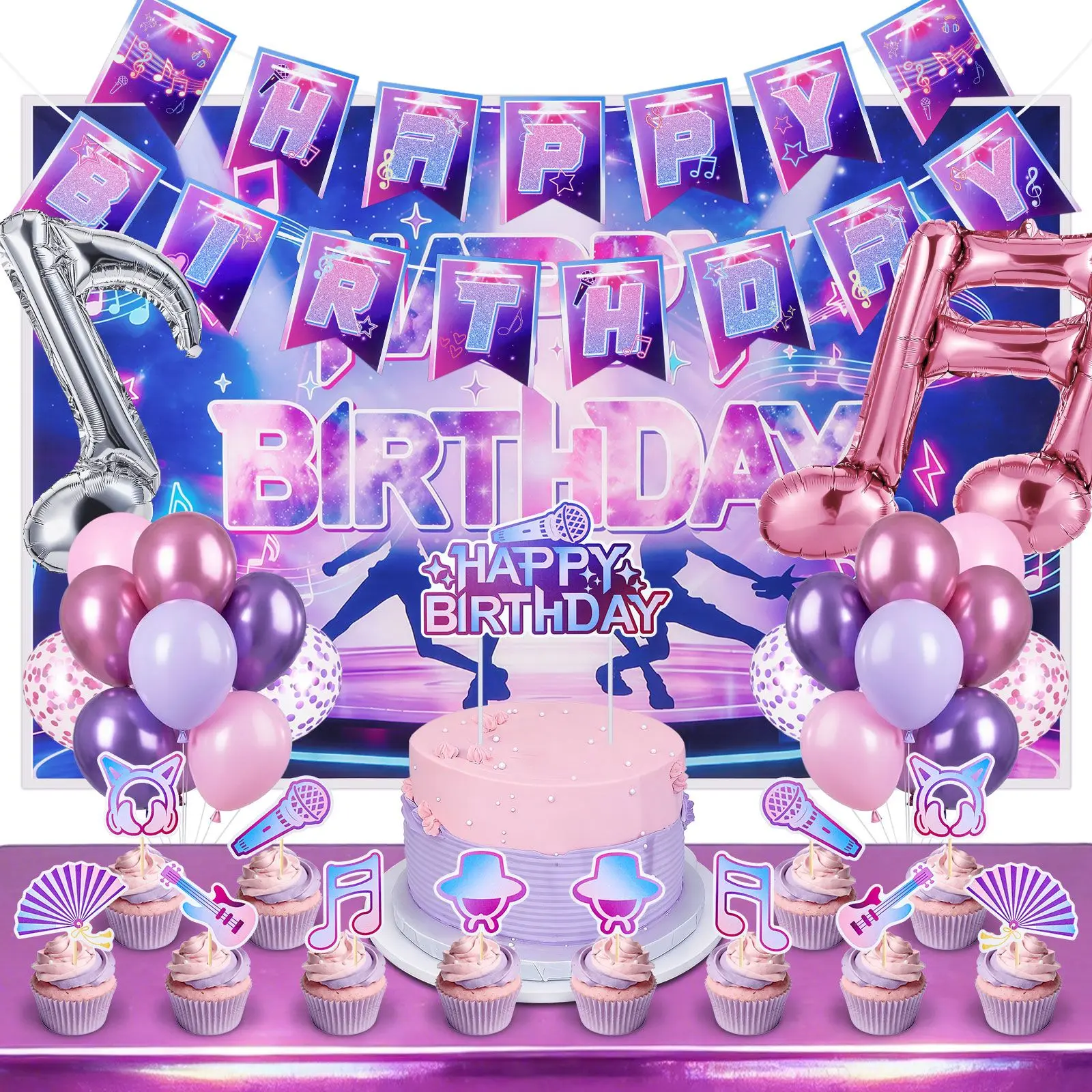 Purple Pink Color Music Theme Decorations Set Backdrop Banner Balloons Set Birthday Party Decorations Cupcake Toppers