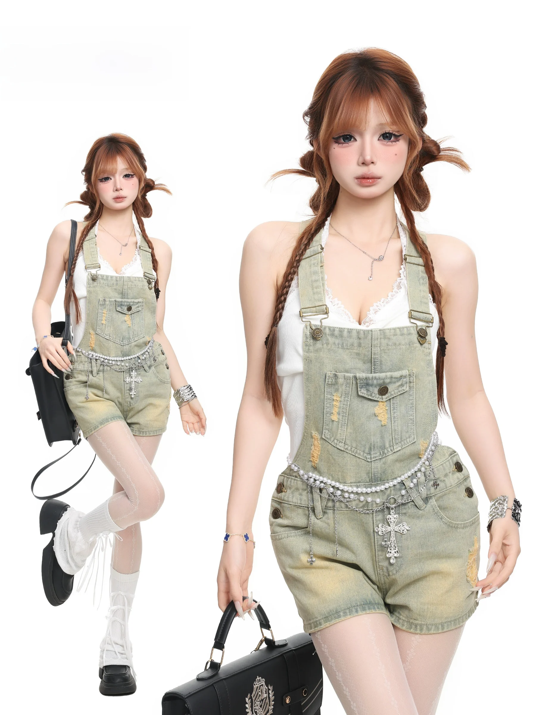Basterds Vintage Washed Denim Overalls Women's Summer Slimming High Waist Straight Leg Short Pants Hot Pants Trousers