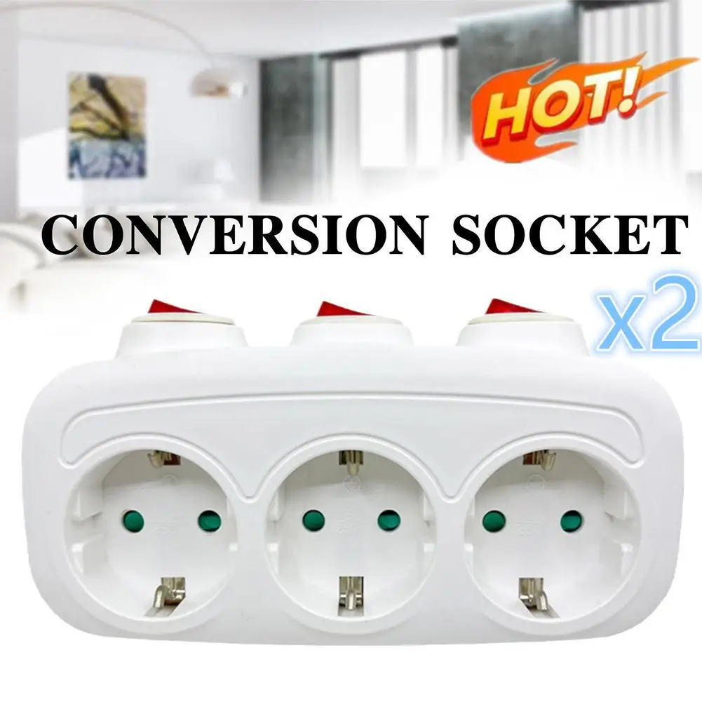 

2 Pcs EU Electrical Sockets With ON/OFF Switch Euro Mounted 1 To 3 Way Germany Standard Extensions Adapter Power Plug Socket