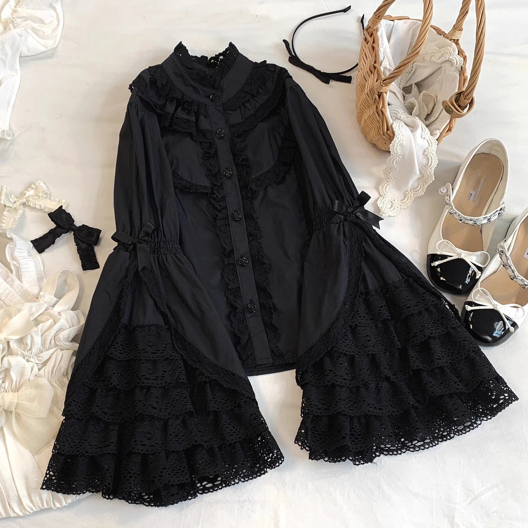 2024 Lolita Style Retro Lace Ruffle Cosplay Casual Blouse Japanese Cotton Victorian Gothic Sweet Flare Sleeve Shirts for Women