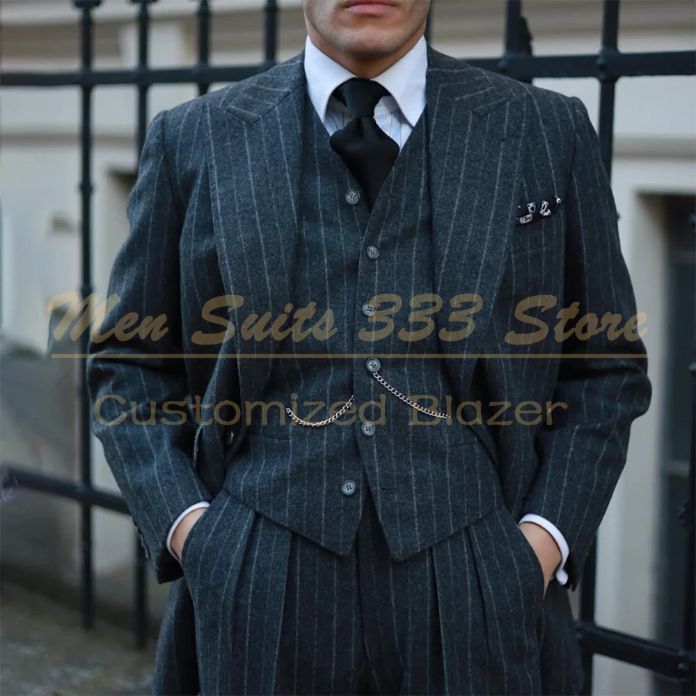 

Роскошные мужские костюмы в полоску, элегантные однобортные однобортные пиковые лацканы, обычная длина, куртка, брюки, жилет, деловые полные комплекты