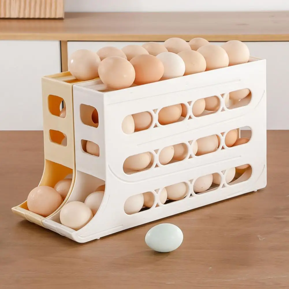 

4-layer Rolling Egg Rack Capacity Fridge Egg Storage Box with Four Tiers Automatic Rolling Space-saving 30 Egg for Refrigerator