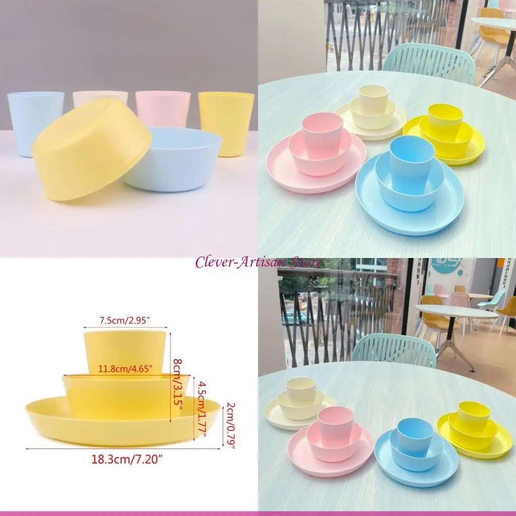 

E06B 12 Pieces Plastic Kitchenware Set Dinnerware Unbreakable Bowls Plates Cups Set