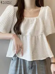 ZANZEA Women Summer Puff Sleeve Pleated Blouses 2024 Textured Short Sleeve Shirt Blusas Solid Party Streetwear Tunic Oversized