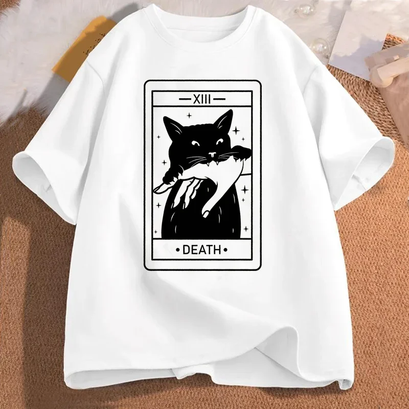 Tarot Death Witchy Cat Women Funny Tarot Card Tshirt Cat Mom Tee Shirt Crazy Lovers Cat Lady Harajuku Short Sleeve Casual