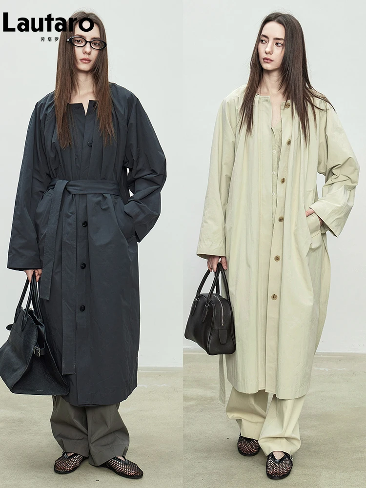 Lautaro Spring Autumn Long Oversized Navy Blue Trench Coat for Women Single Breasted Elegant Chic Luxury Designer Clothing 2026