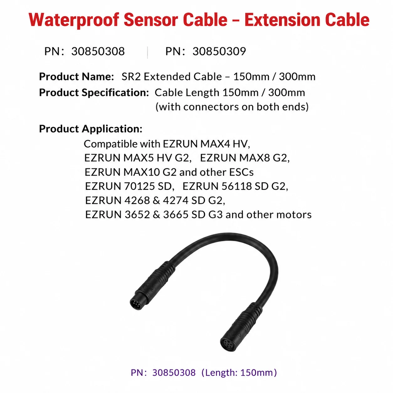Hobbywing SR2 Sensor Extension Wire 150mm / 300mm PN 30850308 / 30850309 for MAX8, MAX10 G2, MAX4-HV, AXE R2 ESC