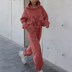 2024 Autumn Winter Jogger Jumper Gym Workout Two-Piece Sports Set Solid Color Long Sleeved Oversize Hoodie Women Tracksuits