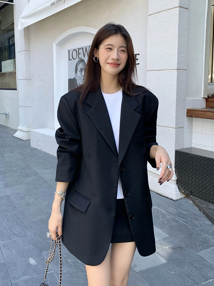 UNXX Black Blazer for Women Female Office Lady Laid-back Style New Korean Vintage Loose Casual Blazer for Autumn High Quality