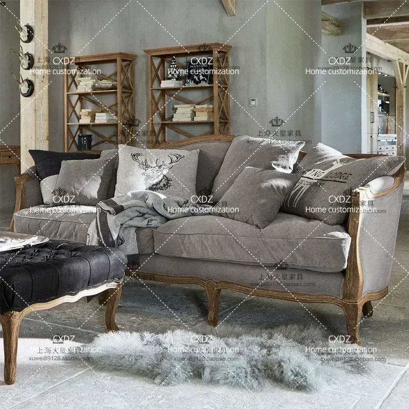 Retro Solid Wood Fabric Sofa Antique Style Living Room Furniture Set for Small Apartment Rural Home Double and Three Seater