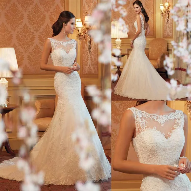 New one-word Shoulder european-american lace fish tail dress bride tail slim wedding dress