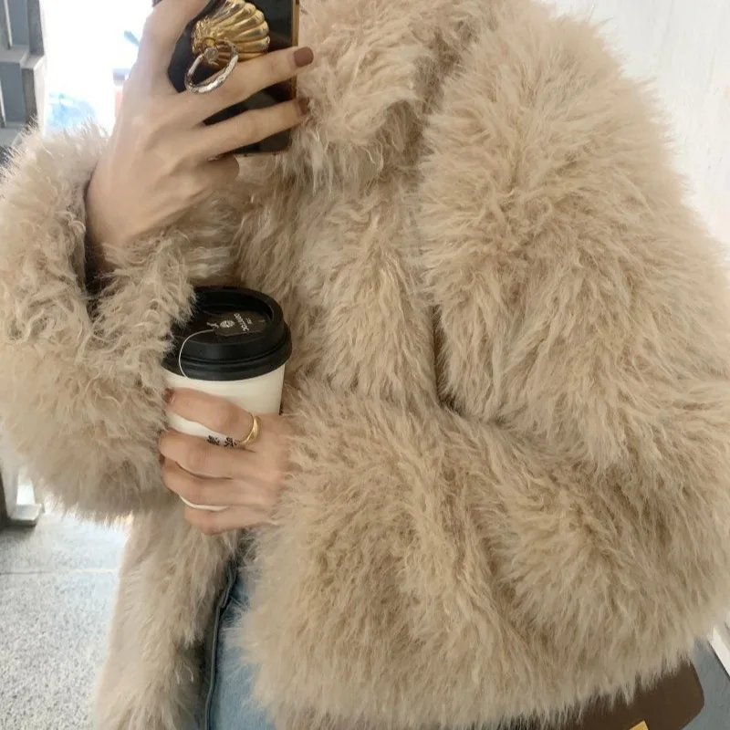 Elegancki płaszcz damski na jesień i zimę, ciepły, futrzany, w stylu retro, modny, prosty krój, długi płaszcz.