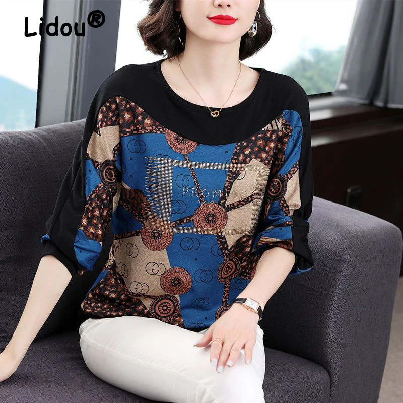 Women Fashion Print Patchwork Rhinestone Elegant Basic T-shirt 2024 Autumn Winter Casual O Neck Long Sleeve Loose Pullover Tops