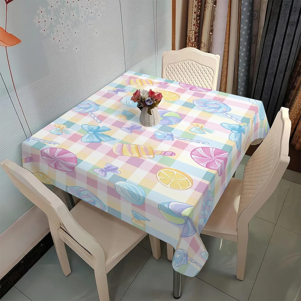 One candy-patterned tablecloth, both outdoor and indoor versions of the patterned tablecloth.