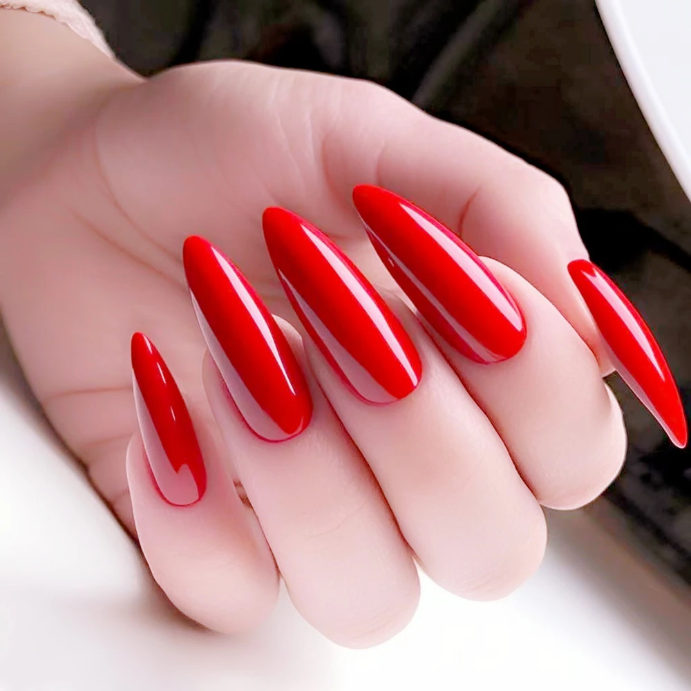 

48Pcs Super Long Stiletto Fake Nails Shiny Red Artificial False Nails Full Cover Fingernails Tip With Glue Manicure Tool