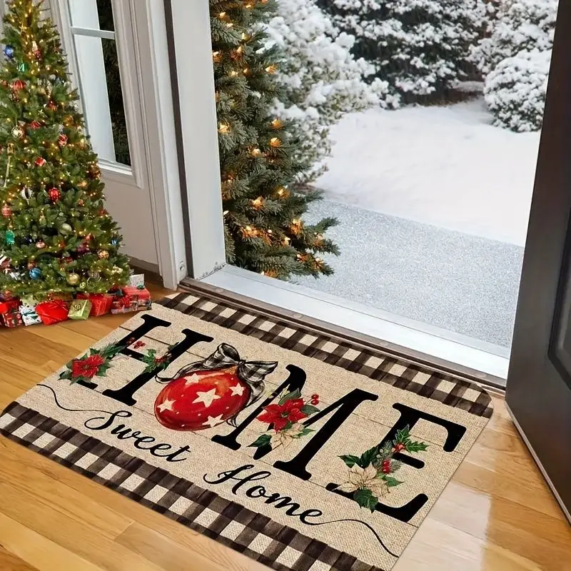 VIKAMA Winter Holiday Floor Mat Buffalo Plaid Christmas Ball Poinsettia Print Non‑Slip Rug for Front Door Indoor Home Xmas Decor
