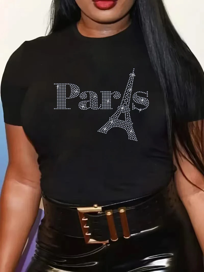 L-5XL grande taille femmes T-shirt paillettes manches courtes col rond adt été Y-Fashion noir surdimensionné Lady T Shirt 2024