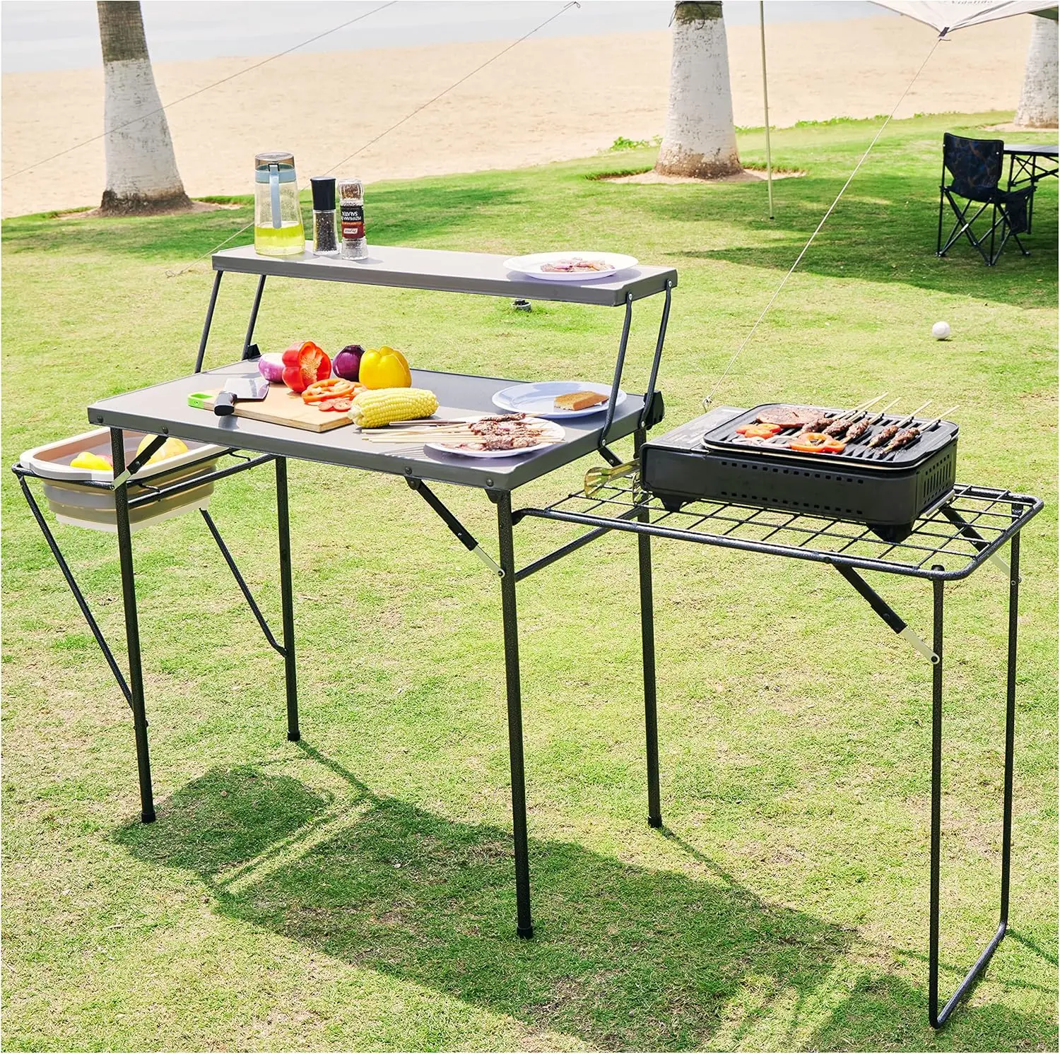 Folding Grill Tables for Outside Camping, Lightweight Kitchen Camping Table with Grill Stand for Stove, Grey