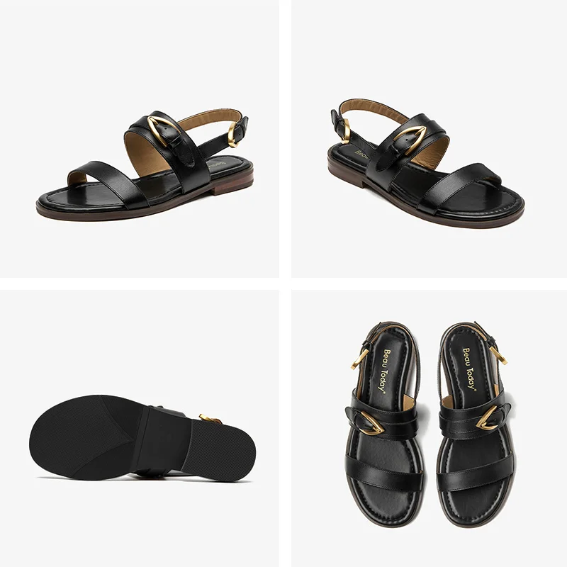 Genuine Leather Slingback Flat Sandals with Metal Buckle