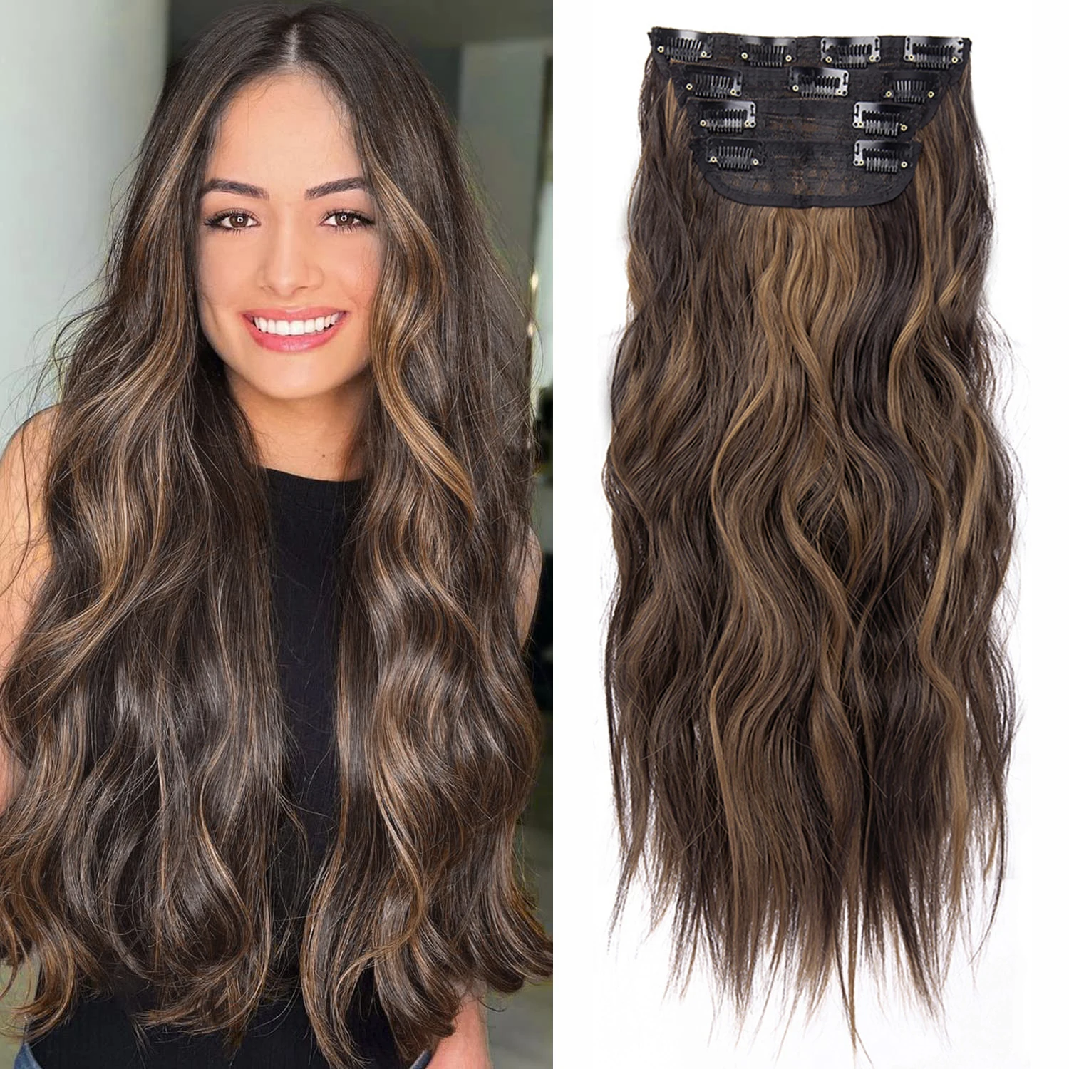 Synthetic Long Wavy Women High Temperature Synthetic Clip In Hair Extension Hairpiece 4Pcs Clip In Long Soft Glam Waves Thick