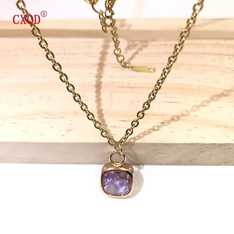 Colorful Clear Small Square Glass Pendant Necklace For Women Stainless Steel Chain Fashion Earrings Jewelry Accessories Set Gift image 5