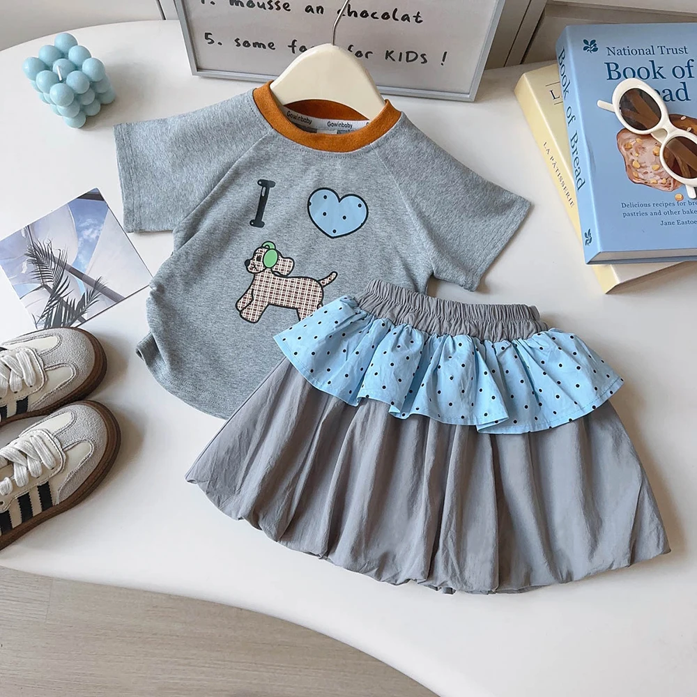 

Футболка с героями мультфильмов для девочек от 2 до 8 лет + юбки в горошек с рюшами, комплект из 2 предметов, летние повседневные комплекты детской одежды, детские футболки, юбки, наряды