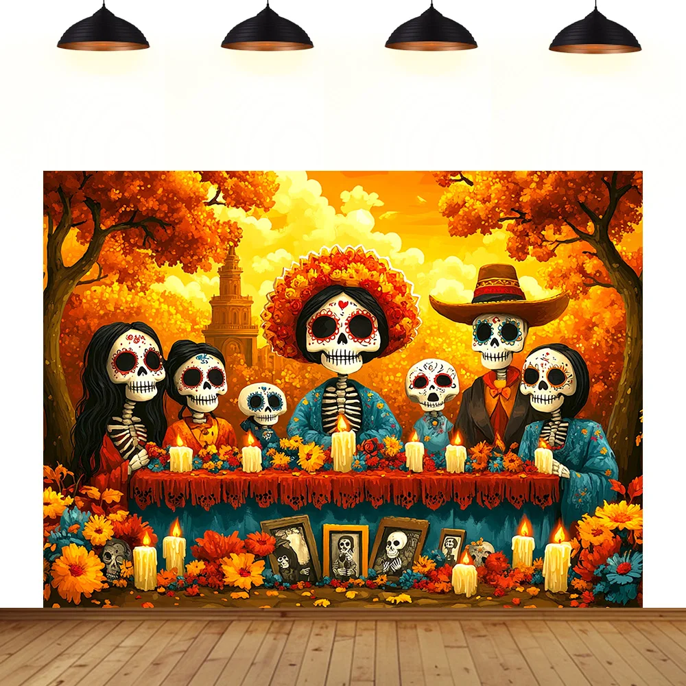 

Day of the Dead theme background Tagetes erecta skull skeleton mourn room festival party decoration banner photography backdrop