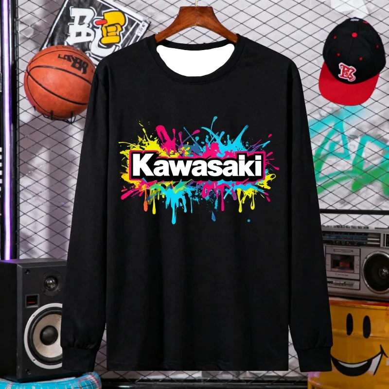 

MOTO-Black Long - Sleeve Shirt with Vibrant Color - Splash and Kawasaki Logo Pattern