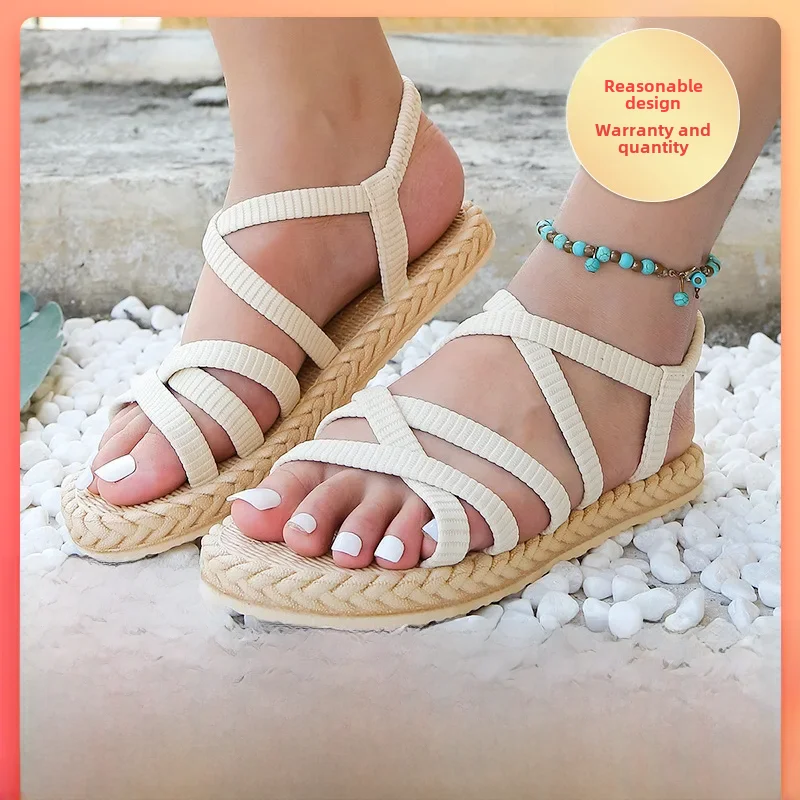 Manufacturer's New Sandals Women's Imitation Straw Travel Espadrille Sandals Korean Trendyy Outer Wear Flats Beach Flats Sandals