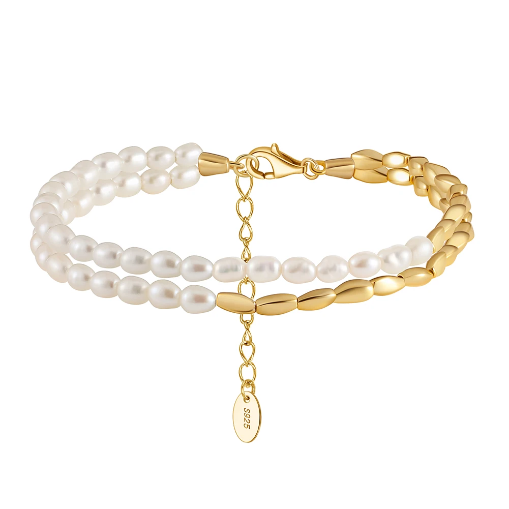 

GPB29 RINNTIN Dainty Layered Pearl Chain Bracelet Silver 14K Gold Adjustable Baroque Cultured Freshwater Pearl Bracelets