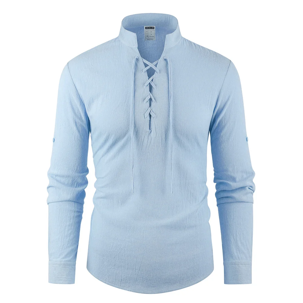 Cotton Linen Men's Vintage Pirate Shirt Medieval Viking Henley Neck Drawstring Tops Casual Spring Summer Breathable Shirts