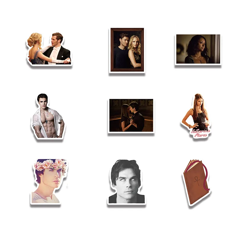 50 قطعة المسلسل التلفزيوني الأمريكي الشعبي يوميات مصاص الدماء الكتابة على الجدران ملصقات الأمتعة أجهزة الكمبيوتر المحمولة القيثارات دفتر ملصقات مقاومة للماء